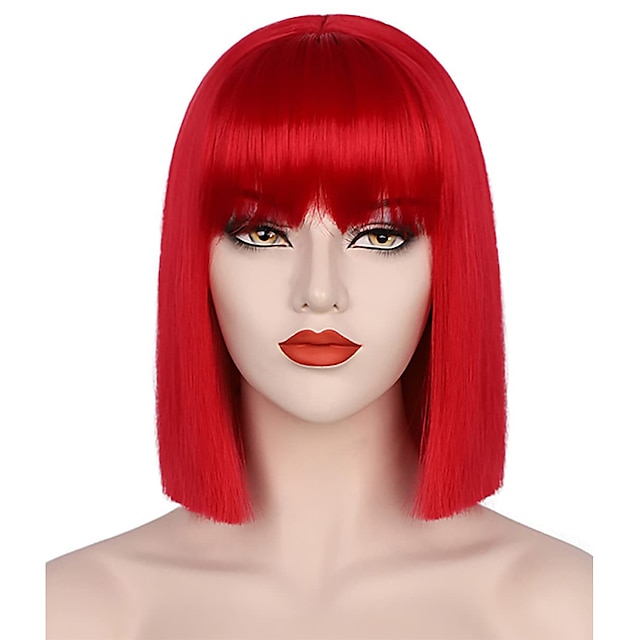  Women‘s Red Wig Short Red Bob Wig with Bangs Natural Look Soft Synthetic Wig Cute Wig Party Cosplay Halloween 12Inch Christmas Party Wigs