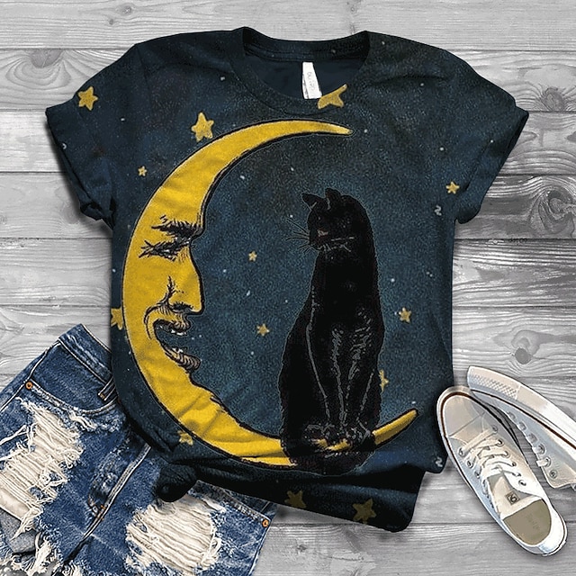 Women's T Shirt Streetwear Preppy Cat Print Short Sleeve Regular Tops Crew Neck Going out Weekend Navy Blue Blue Orange Green Peacock Blue Summer Spring 7