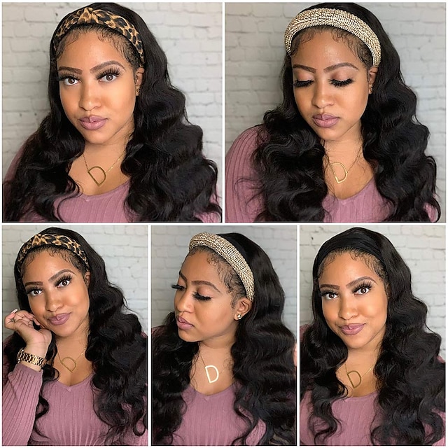 

Body Wave Headband Wig Human Hair Scarf Human Hair Wig No Lace Front Headband Wig Brazilian Human Hair Machine Made Headband Wig for Women 150% Density Natural Color 12-28 Inch