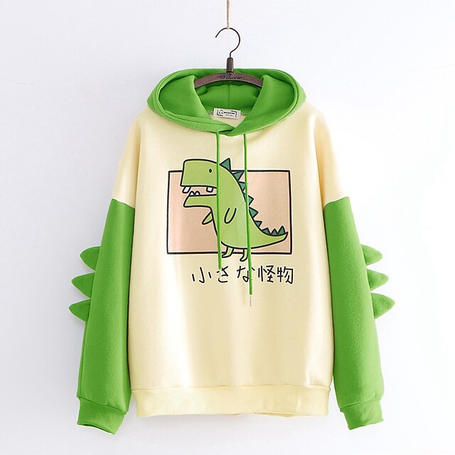 

women's teen girls cute dinosaur long sleeve hoodies casual loose sweaters hooded sweatshirts pullover tops shirts green