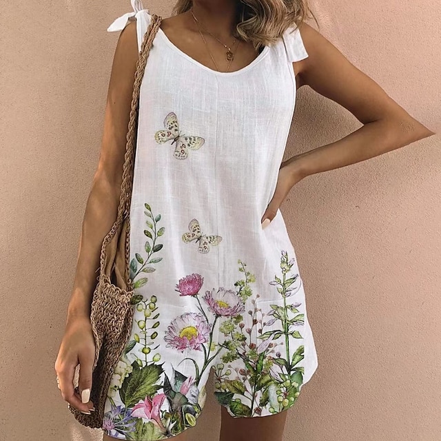  Women's Romper Print Floral Crew Neck Casual Street Daily Regular Fit Sleeveless White S M L Spring