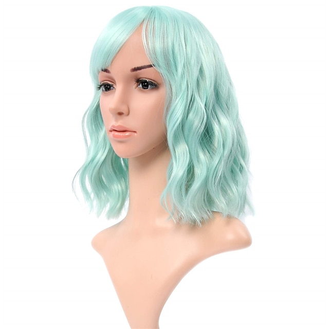 Beauty & Hair Wigs & Hair Pieces | Natural Wavy Wig With Air Bangs Short Bob Grey Blue Wigs Womens Shoulder Length Wigs Curly Wa