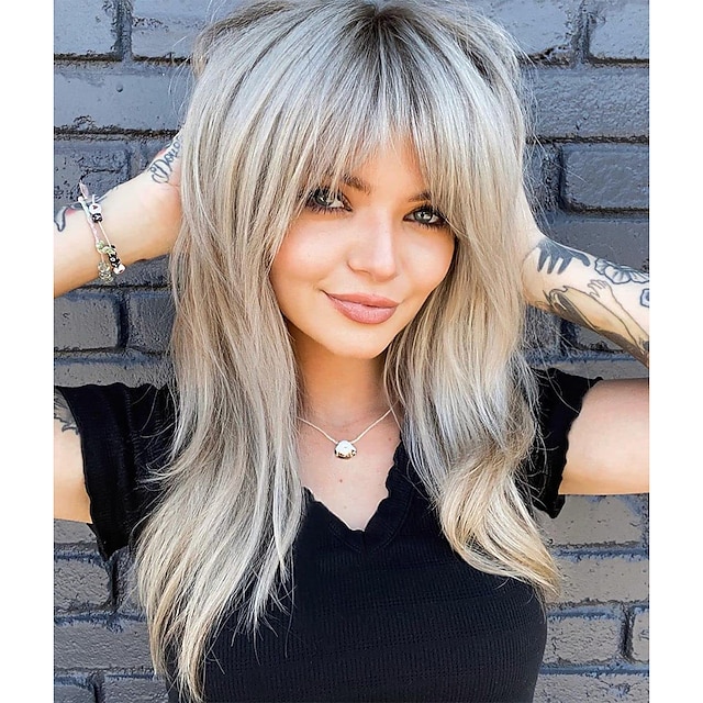  Long Layered Wigs Flattering Hairstyle Wigs Shiny Blonde Wigs with Deep Roots Wigs for Caucasian Women For Daily Party Christmas Party Wigs
