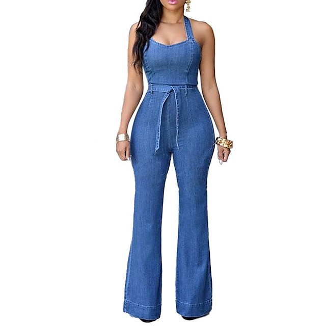 

Women's Jumpsuit Backless Solid Color Halter Neck Active Street Sport Regular Fit Sleeveless Blue S M L Spring