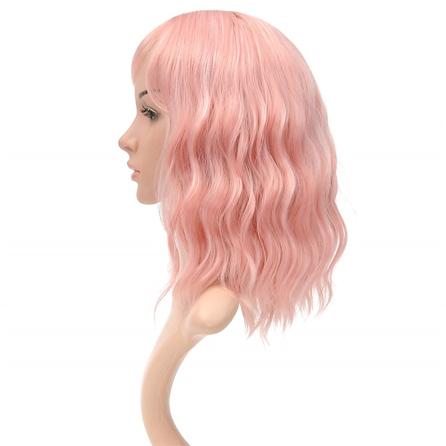 Beauty & Hair Wigs & Hair Pieces | Natural Wavy Pastel Pink Wig Colorful Wigs With Air Bangs Short Bob Wigs Womens Shoulder Leng