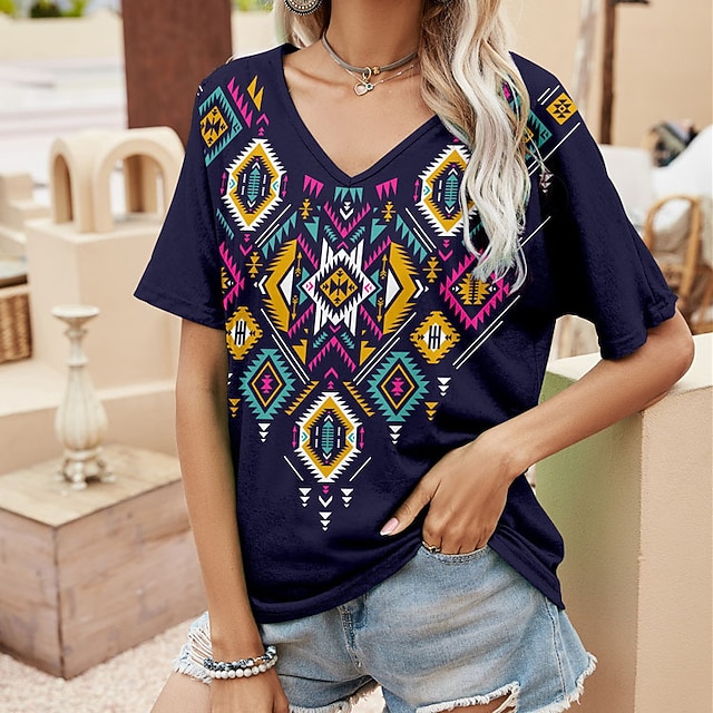 

Women's Floral Theme Geometric Painting T shirt Floral Geometric Print V Neck Basic Ethnic Tops White Black Pink / 3D Print