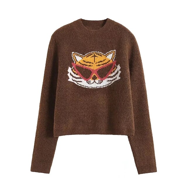 

Women's Sweater Pullover Knitted Animal Stylish Long Sleeve Sweater Cardigans Crew Neck Spring Brown