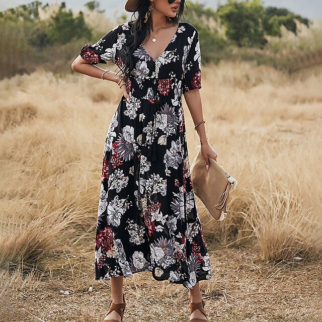 

Women's A Line Dress Midi Dress Blue Black Yellow Short Sleeve Floral Split Print Spring Summer V Neck Stylish Casual Vacation 2022 S M L XL