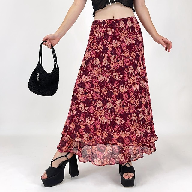 

Women's Fashion Long Skirts Holiday Weekend Floral / Botanical Print Red Yellow S M L