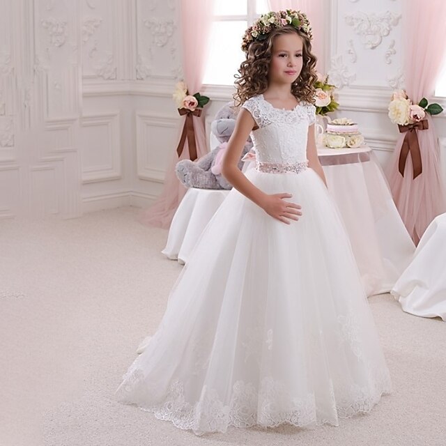 

Kids Little Girls' Dress Floral Solid Colored A Line Dress Party Christening dress Ruched Mesh Lace White Maxi Sleeveless Princess Cute Dresses Fall Summer Regular Fit 3-12 Years