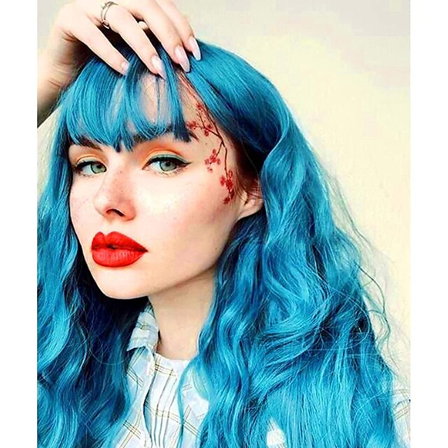 Beauty & Hair Wigs & Hair Pieces | Blue Wigs Blue Wavy Wig with Bangs Long Curly Wigs for Women Synthetic Heat Resistant Wig for