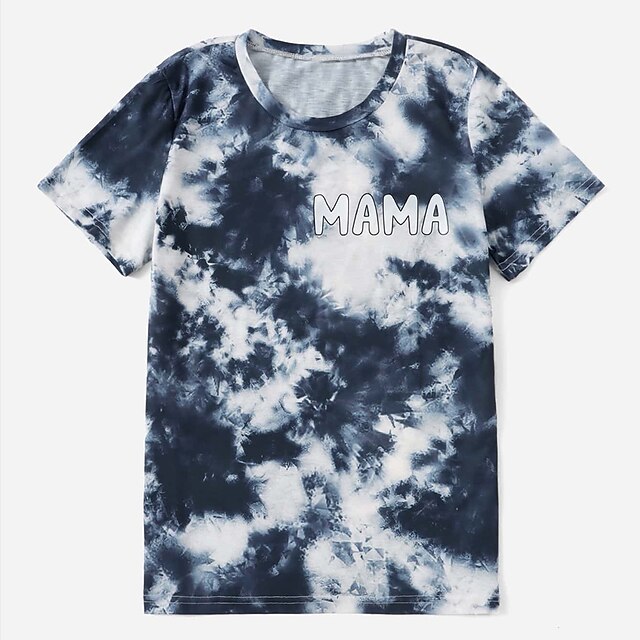 Baby & Kids Matching Outfits | Family Look T shirt Tops Tie Dye Letter Causal Print Deep Blue Short Sleeve Casual Matching Outfi