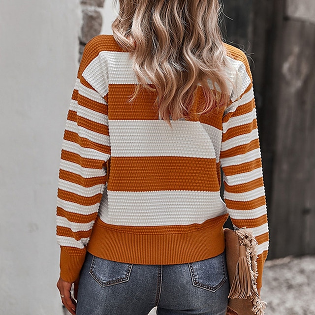 Womens Clothing Sweaters & Cardigans | Womens Sweater Jumper Ribbed Knit Stripe Knitted Striped Crew Neck Stylish Casual Home Da