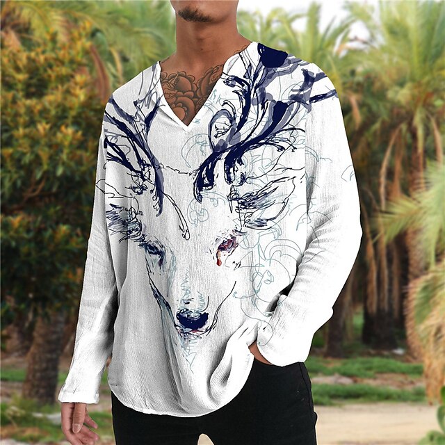 

Men's Shirt 3D Print Antelope Animal V Neck Casual Daily 3D Print Long Sleeve Tops Casual Fashion Designer Comfortable White