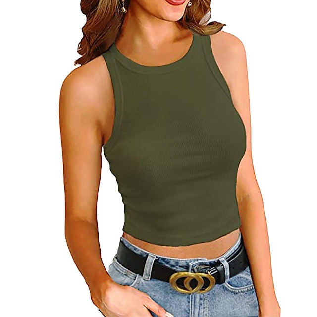 

Women's Crop Top Tank Top Vest Plain Round Neck Casual Streetwear Tops Green Blue White