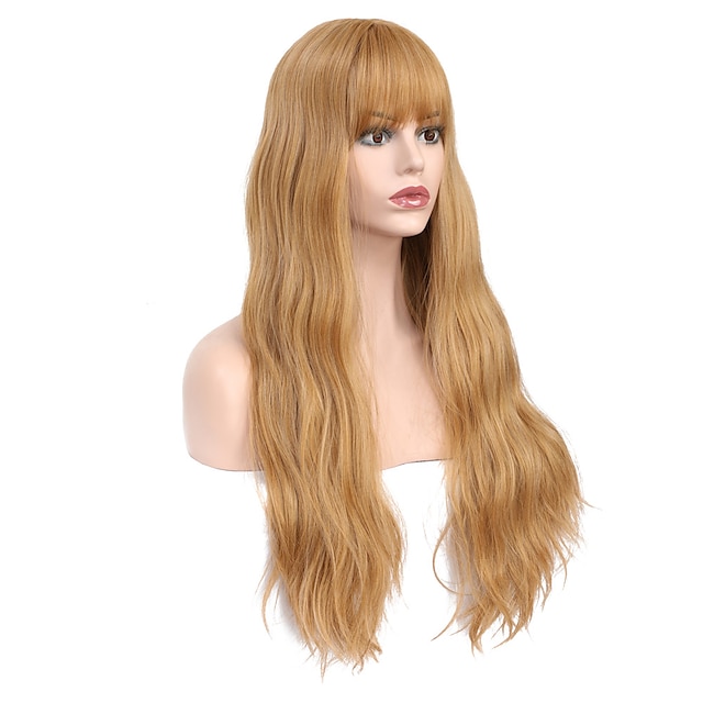 Beauty & Hair Wigs & Hair Pieces | Blonde Wigs with Bangs Synthetic Wigs with Bangs Wavy Wig Strawberry Blonde Color Natural Wav