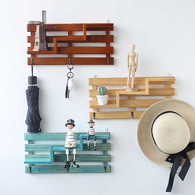 

Solid Wood Stair Hook Wall Shelf Living Room Bedroom Wall Sundries Storage Organizer