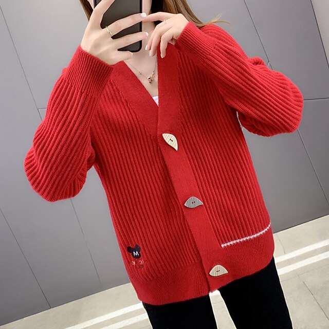

Women's Cardigan Knitted Pure Color Casual Soft Long Sleeve Sweater Cardigans V Neck Spring Summer Blue Pink Red