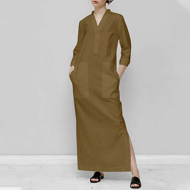 

Women's Shift Dress Maxi long Dress White Black Khaki Long Sleeve Pure Color Split Button Spring Summer V Neck Elegant Classic 2022 S M L XL XXL 3XL 4XL