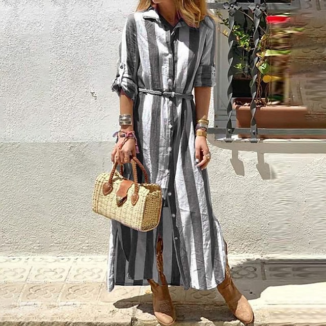 

Women's Sheath Dress Midi Dress Green Gray Pink Light Blue Half Sleeve Striped Lace up Button Print Fall Summer Shirt Collar Stylish Casual Boho 2022 S M L XL XXL 3XL