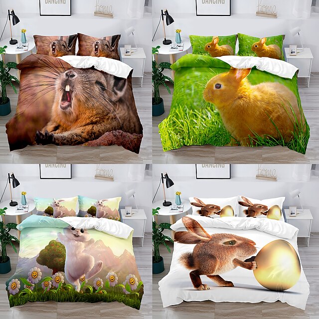 

Easter Rabbit 3-Pieces Duvet Cover Set Hotel Bedding Sets Kids Comforter Cover with Soft Microfiber for Easter Decor, Include 1 Duvet Cover, 2 Pillowcases(1 Pillowcase for Twin/Single)