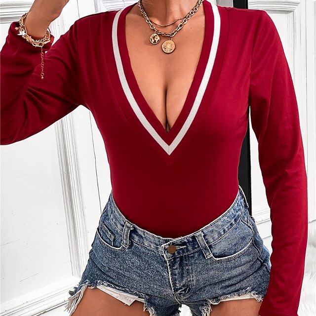 

Women's Bodysuit Patchwork Color Block V Neck Casual Street Going out Regular Fit Long Sleeve Black Gray Wine S M L Spring