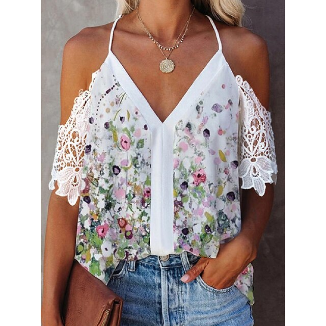 

Women's Blouse Flower Print V Neck Tops White / 3D Print