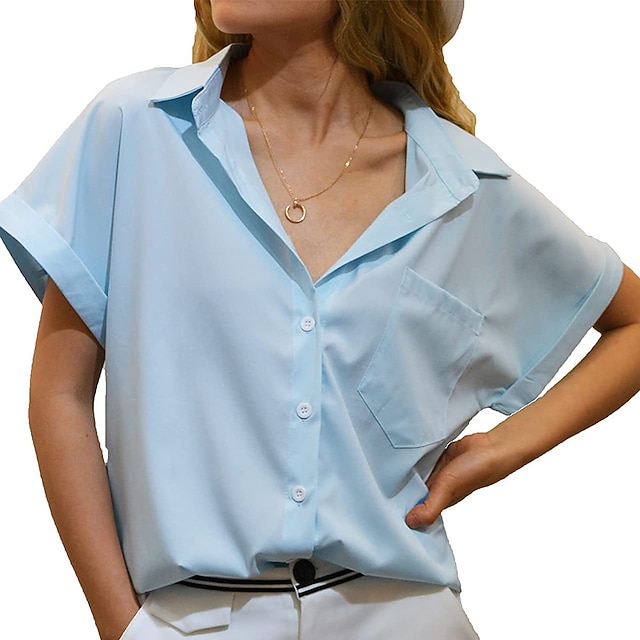 

Women's Blouse Shirt Plain Pocket Patchwork Button Shirt Collar Business Elegant Casual Tops Blue White Black