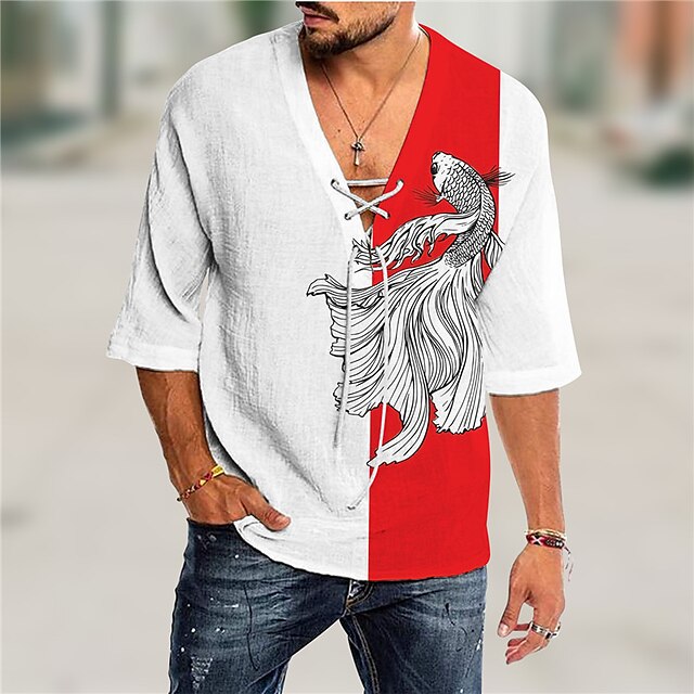 

Men's Shirt 3D Print Carp Animal V Neck Casual Daily 3D Print Drawstring 3/4 Length Sleeve Tops Casual Fashion Designer Comfortable White
