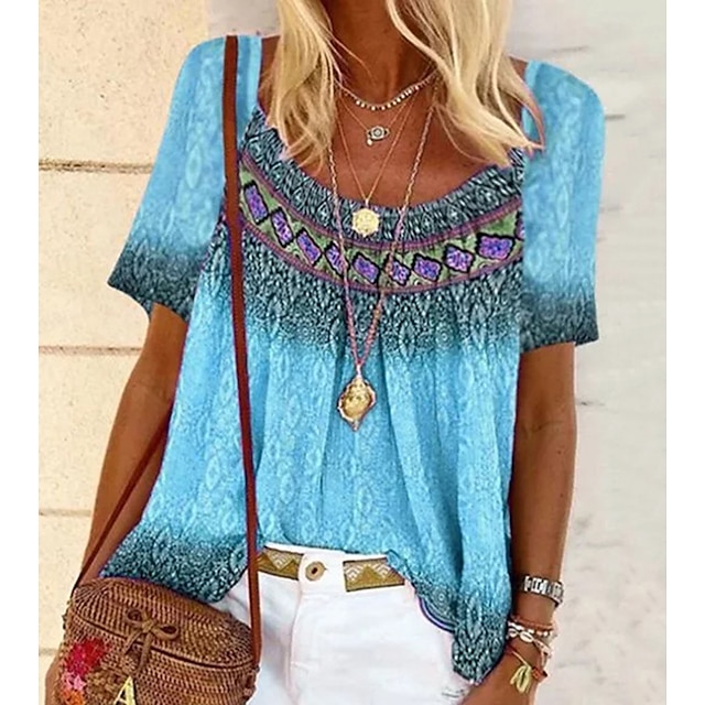 

Women's Geometric Painting T shirt Geometric Flowing tunic Print Square Neck Basic Tops Blue Purple Orange / 3D Print
