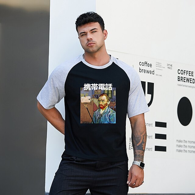 

Men's T shirt Hot Stamping Graphic Prints Human Chinese character Crew Neck Street Casual Print Short Sleeve Tops Basic Fashion Designer Big and Tall Black Yellow
