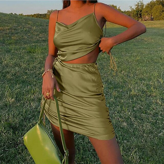 

Women's Basic Plain Casual Vacation Two Piece Set Tank Top Skirt Sets Skirt Ruched Drawstring Tops