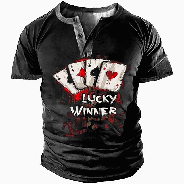 

Men's Henley Shirt Tee T shirt 3D Print Graphic Poker Henley Casual Daily Button-Down Print Short Sleeve Tops Fashion Vintage Big and Tall Military Style Black / Summer