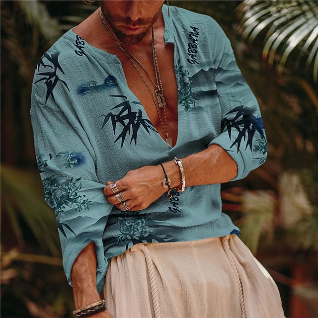 

Men's Shirt 3D Print Scenery V Neck Casual Daily 3D Print Long Sleeve Tops Casual Fashion Designer Comfortable Blue