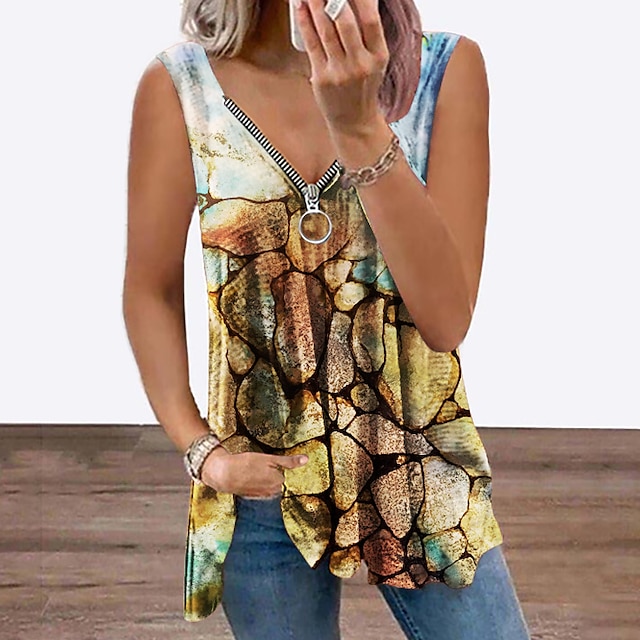 

Women's Tank Top Vest Graphic Flowing tunic Quarter Zip Print V Neck Casual Streetwear Tops Blue Red Brown / 3D Print