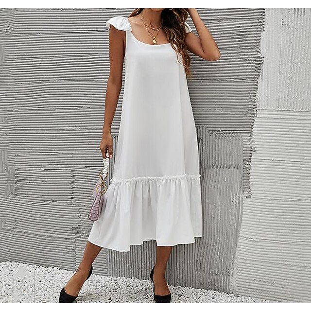 

Women's Chiffon Dress Midi Dress White Black Sleeveless Solid Color Ruffle Spring Summer U Neck Casual Vacation 2022 S M L XL XXL 3XL 4XL