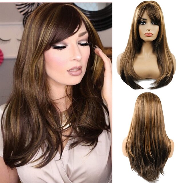 Beauty & Hair Wigs & Hair Pieces | Brown Wigs Womens Brunette Wig Synthetic Heat Resistant Long Straight Hair Layered Wig With B