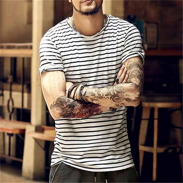 

Men's T shirt Striped Graphic Crew Neck Casual Daily Print Short Sleeve Tops Lightweight Fashion Big and Tall Sports White Black