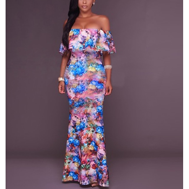 

Women's Bodycon Maxi long Dress Blue Half Sleeve Print Backless Cold Shoulder Print Summer Off Shoulder Party Stylish Romantic 2022 S M L XL