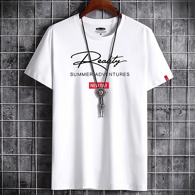 

Men's T shirt Print Letter Round Neck Casual Daily Short Sleeve Tops Lightweight Formal Breathable White Black Dark Gray