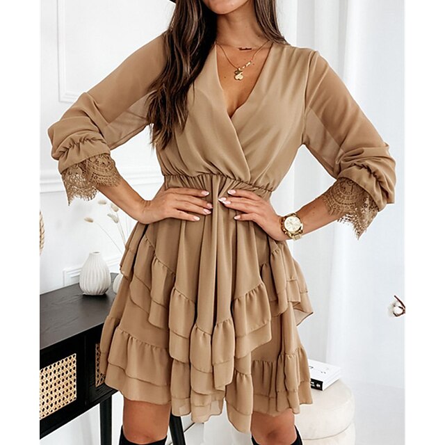 

Women's A Line Dress Short Mini Dress Black Brown 3/4 Length Sleeve Pure Color Ruffle Spring Summer V Neck Elegant Casual Classic 2022 S M L XL