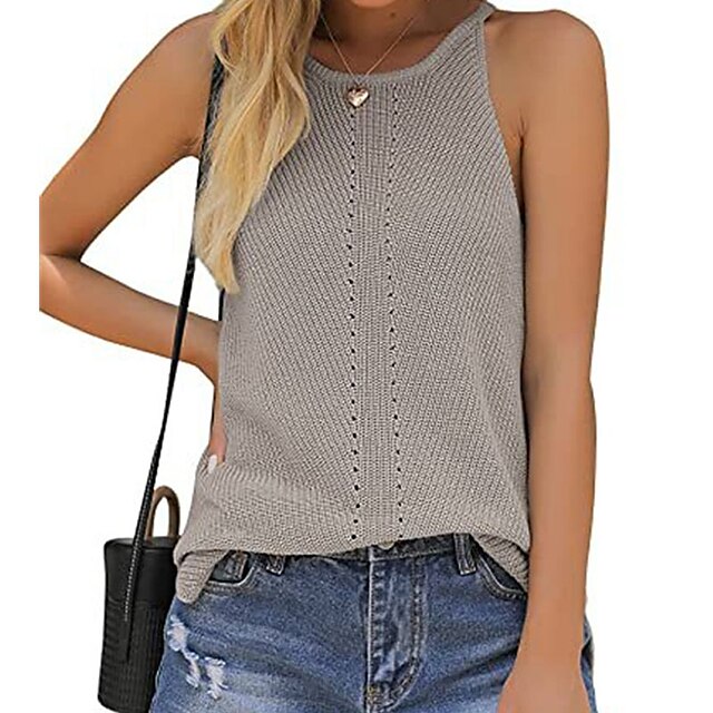 

Women's Vest Open Back Knitted Cold Shoulder Pure Color Stylish Casual Soft Sleeveless Sweater Cardigans Crew Neck Spring Summer White Gray Khaki