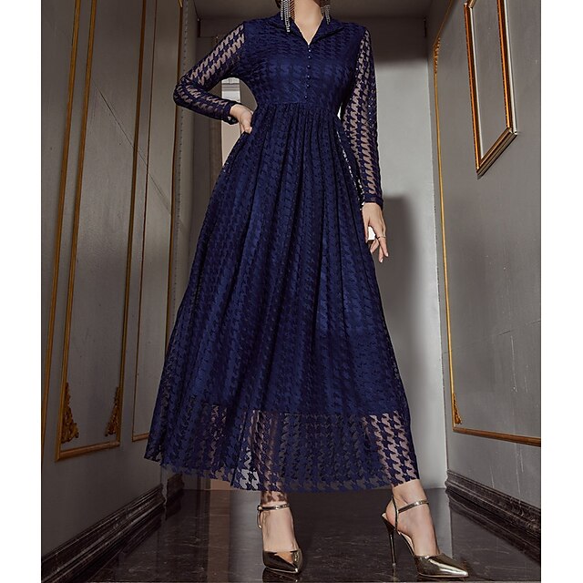

Women's A Line Dress Maxi long Dress White Black Wine Dusty Blue Long Sleeve Solid Color Hollow Out Spring Summer V Neck Elegant Luxurious Elegant Puff Sleeve Mesh S M L XL / Party Dress