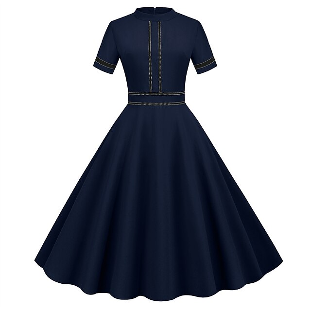

Women's Swing Dress Knee Length Dress Light Green Fuchsia Dark Blue Red Beige Short Sleeve Solid Color Patchwork Fall Summer High Neck 1920s Vintage 2022 S M L XL XXL