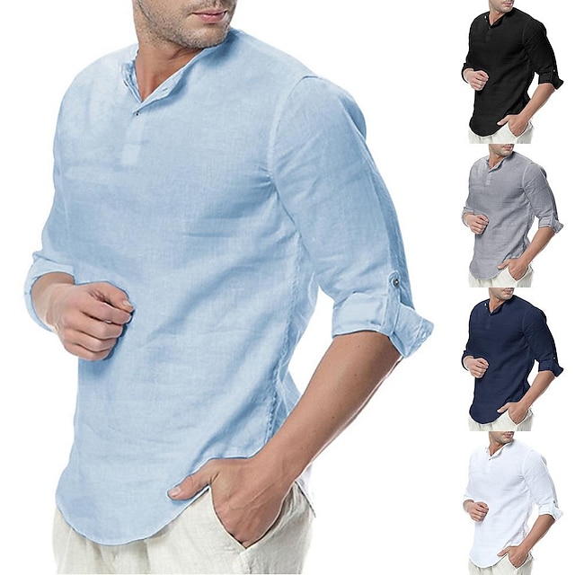  Men's Linen Henley Shirt Casual 3/4 Sleeve T Shirt Pullover Tees Lightweight Curved Hem Cotton Summer Beach Tops Hiking Shirt / Button Down Shirts Outdoor Quick Dry White Black Fishing Climbing