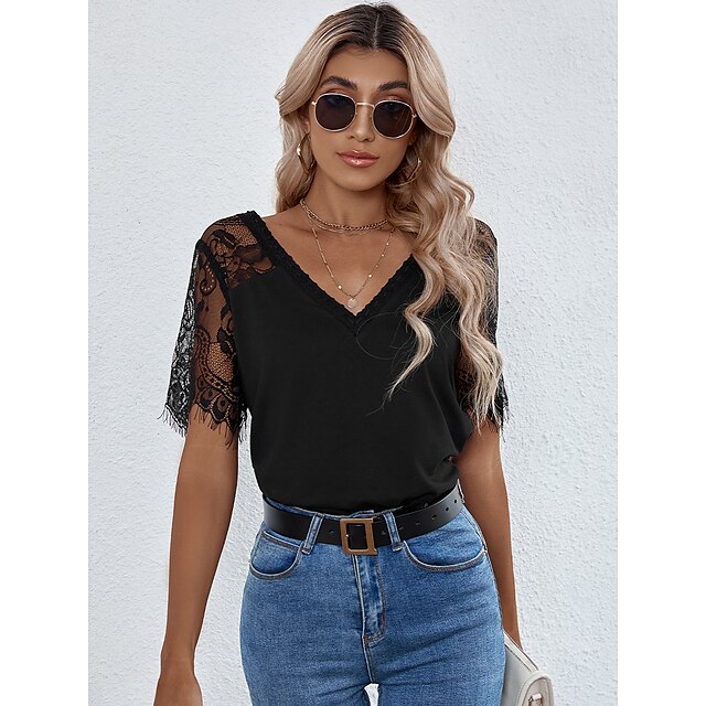 

Women's T shirt Plain Lace Patchwork V Neck Basic Tops Black