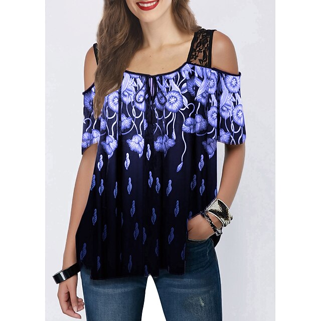 

Women's Floral Theme Painting T shirt Floral Lace Patchwork Cold Shoulder Square Neck Basic Tops Green Blue Gray / 3D Print