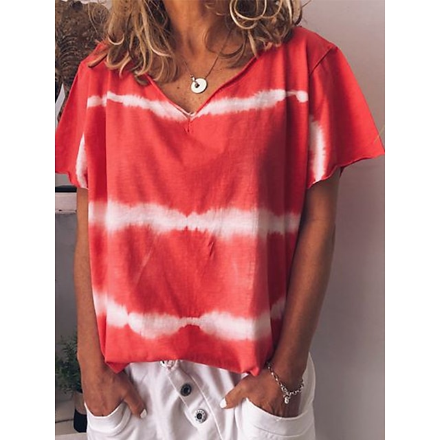 

Women's Painting T shirt Striped V Neck Basic Tops Gray Wine Red