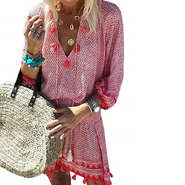 

Women's Tassel Dress Short Mini Dress Orange Light gray Light Blue 3/4 Length Sleeve Geometric Tassel Fringe Spring Summer V Neck Casual 2022 S M L XL XXL
