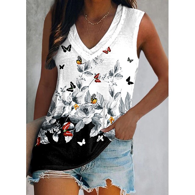 

Women's Floral Theme Butterfly Tank Top Vest Floral Butterfly Print V Neck Casual Streetwear Tops White / 3D Print